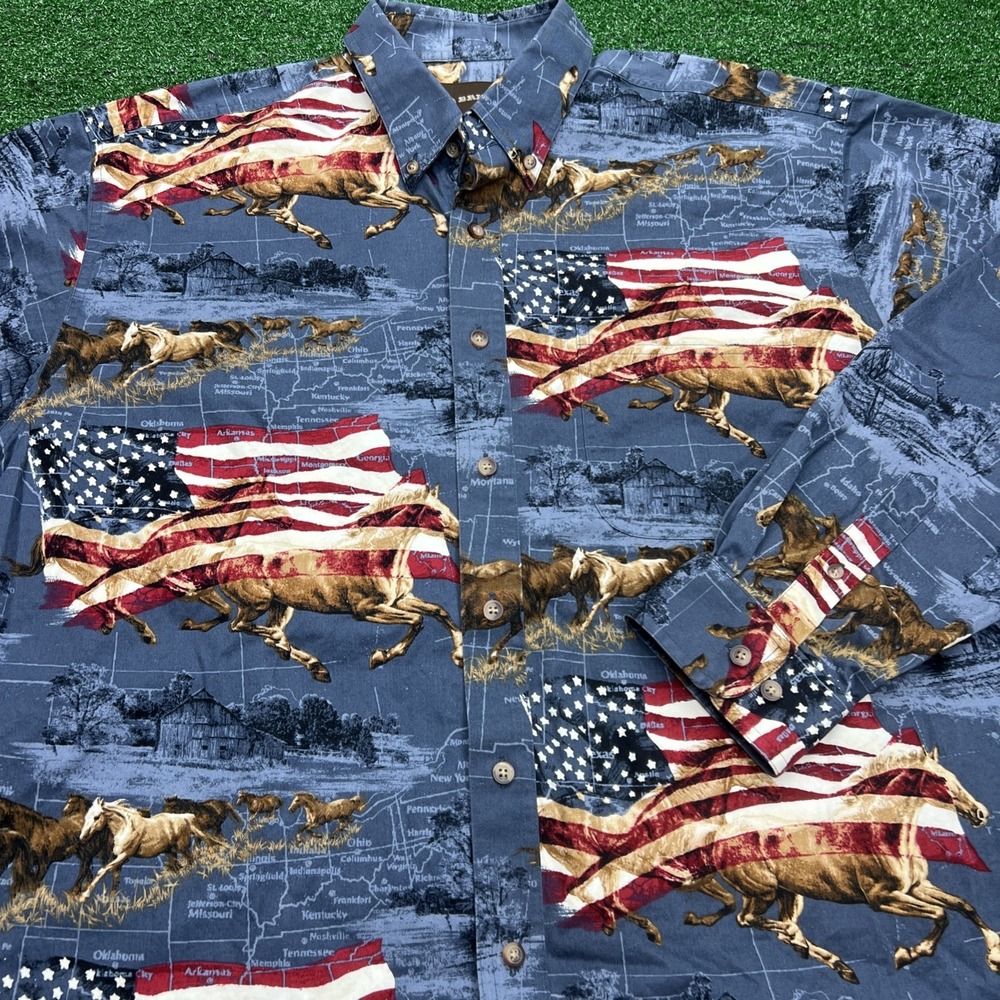 Bit & Bridle Horses With American Flag Blue Button Down Shirt Long Sleeve Size L